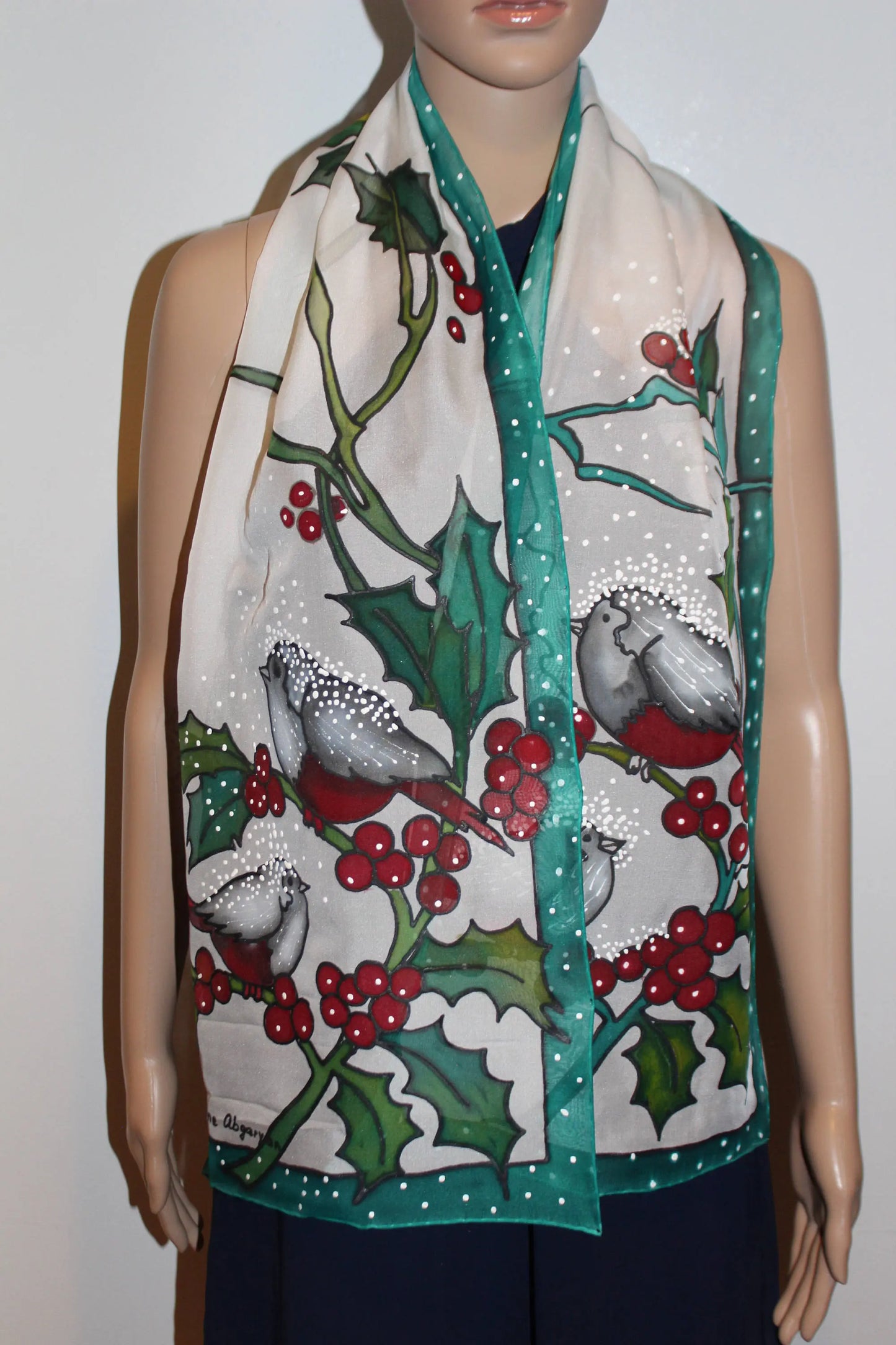 Hand painted Winter scarf, Snowball Winter Bird scarf