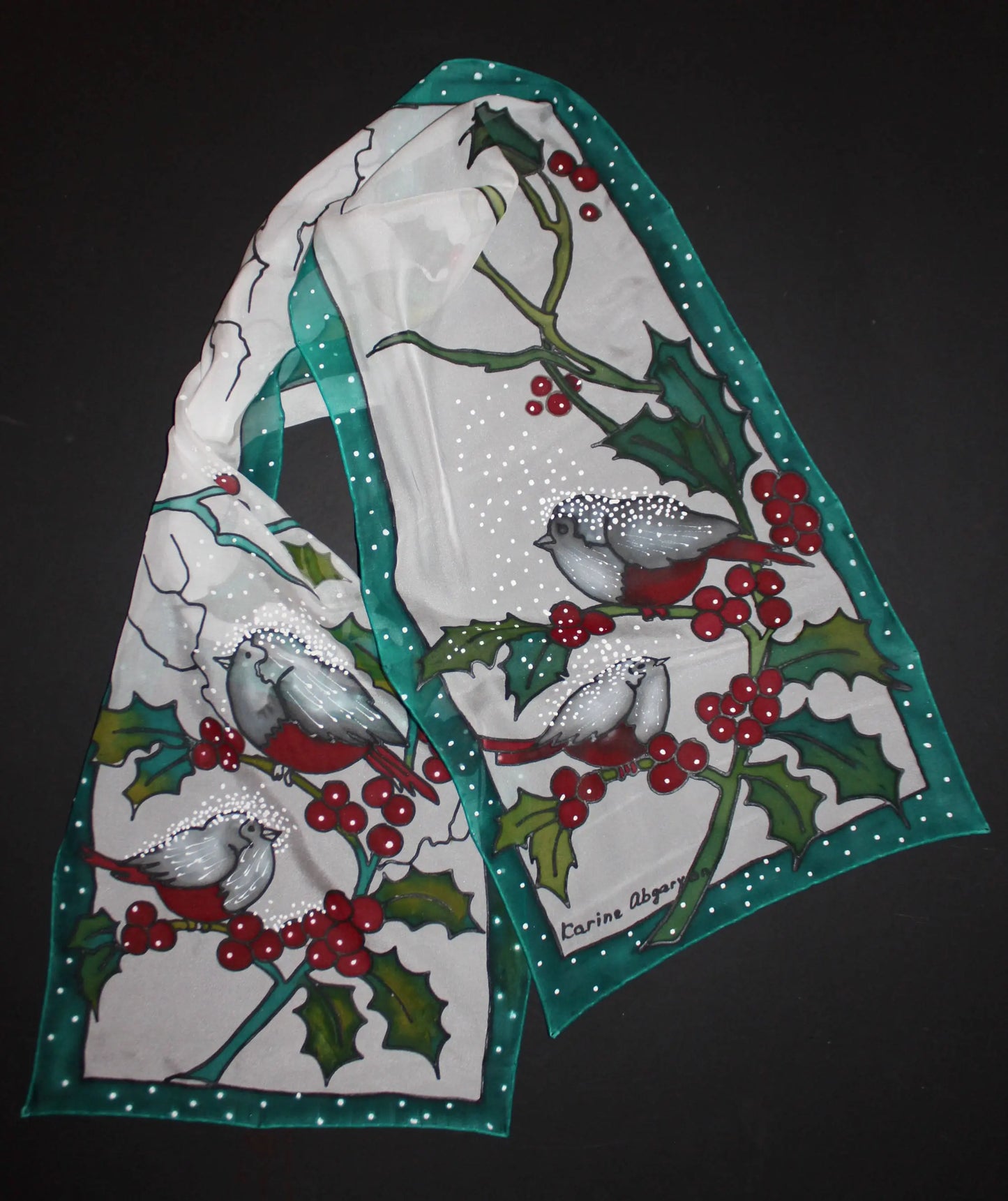 Hand painted Winter scarf, Snowball Winter Bird scarf