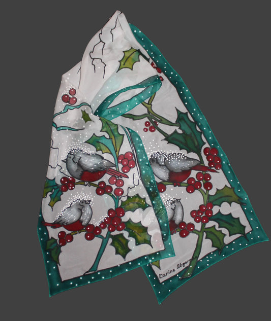 Hand painted Winter scarf, Snowball Winter Bird scarf
