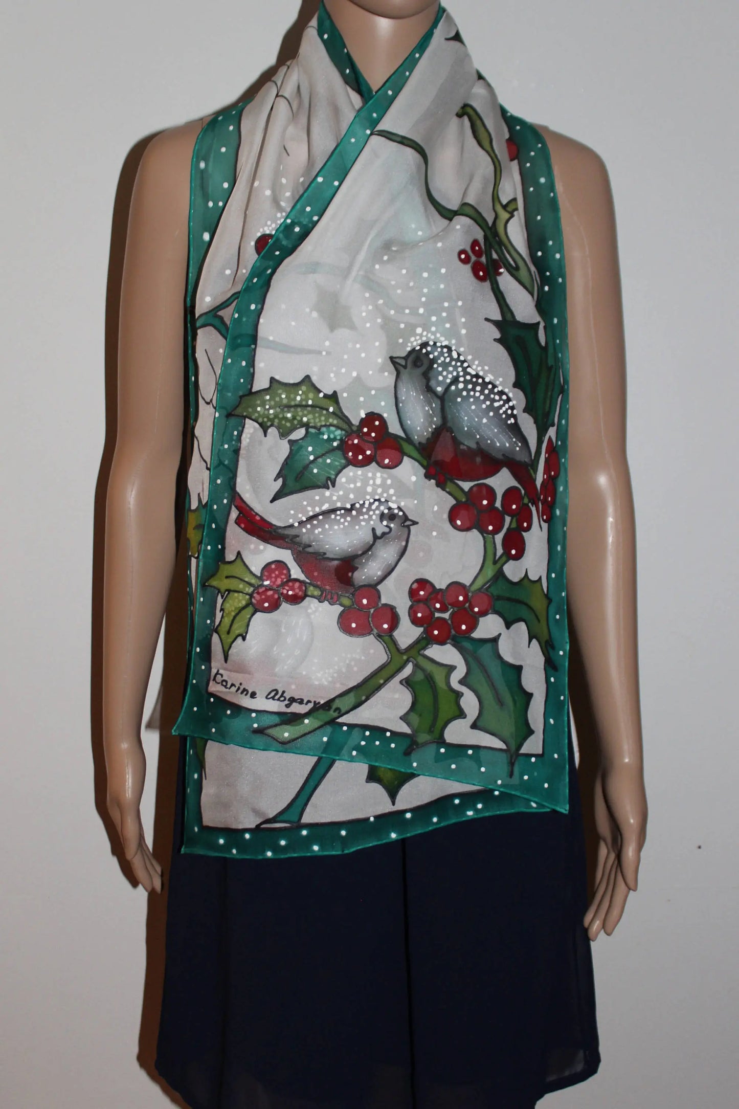 Hand painted Winter scarf, Snowball Winter Bird scarf