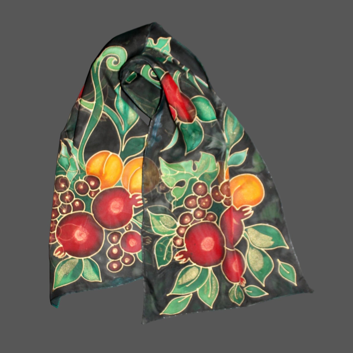 Hand painted fruits scarf,Pomegranate apricot grape,Fall Thanksgiving Autumn gift,Armenian gift,Black long chiffon scarf,Jewish giftHanukkah