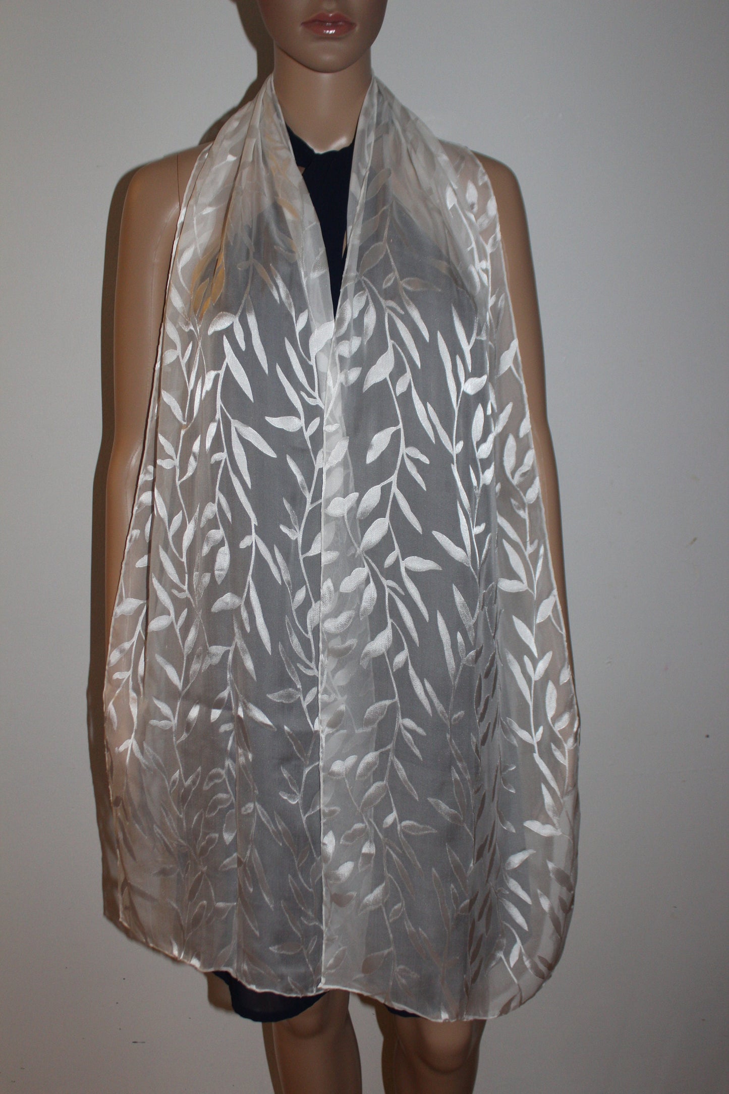 80-13 in Silk scarf, Leaves pattern,Extra long scarf,Summer gift,White long scarf, Bridal gift, Bridesmaid gift,Hand hemmed Luxury scarf