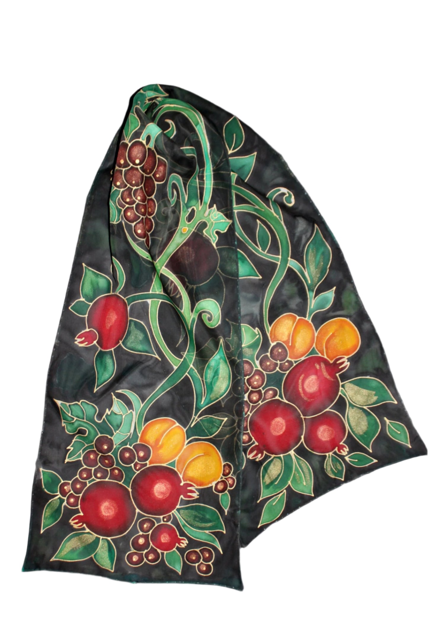 Hand painted fruits scarf,Pomegranate apricot grape,Fall Thanksgiving Autumn gift,Armenian gift,Black long chiffon scarf,Jewish giftHanukkah