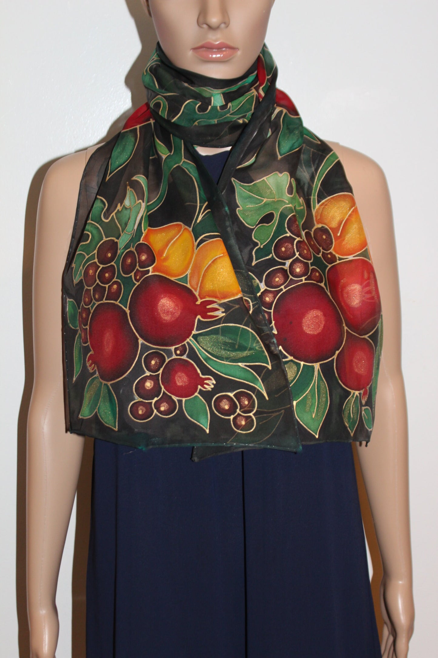 Hand painted fruits scarf,Pomegranate apricot grape,Fall Thanksgiving Autumn gift,Armenian gift,Black long chiffon scarf,Jewish giftHanukkah