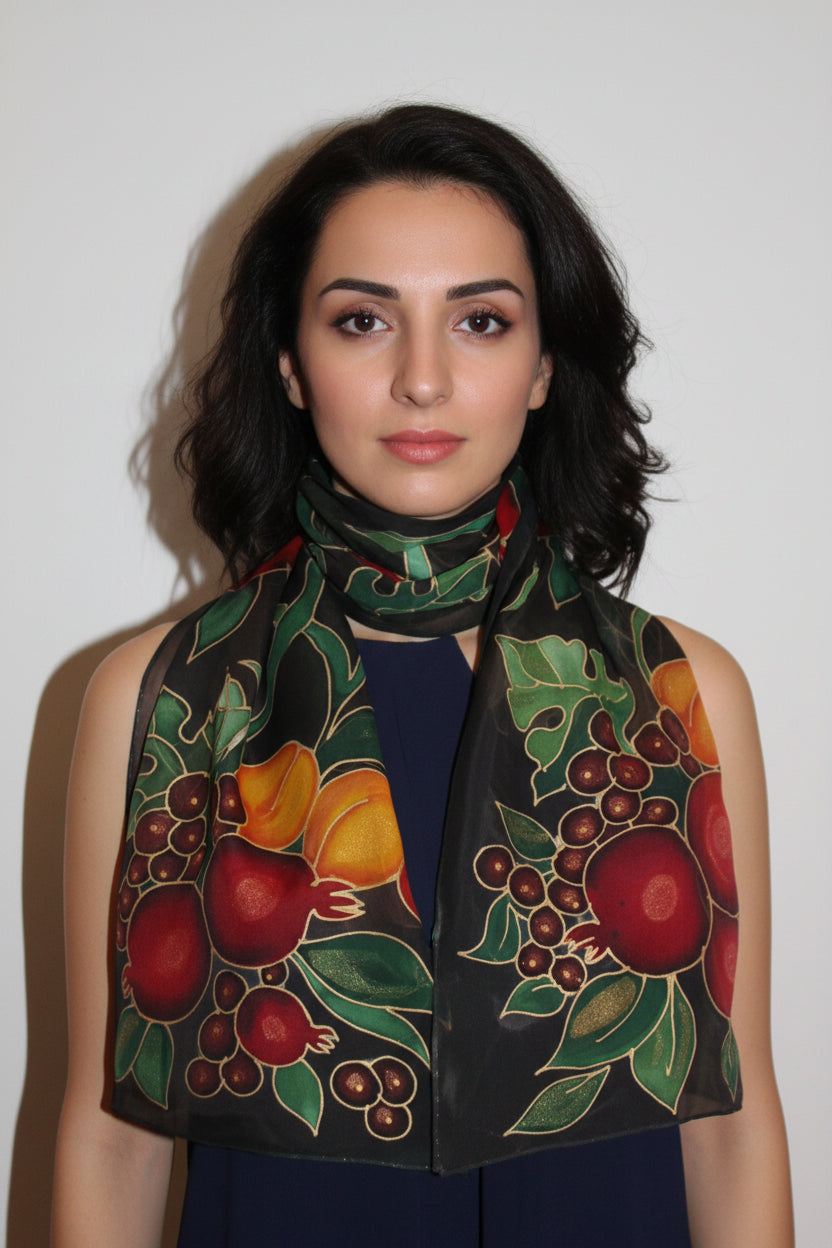 Hand painted fruits scarf, Pomegranate apricot grape, Fall Thanksgiving Autumn gift, Armenian gift, Dark green chiffon scarf