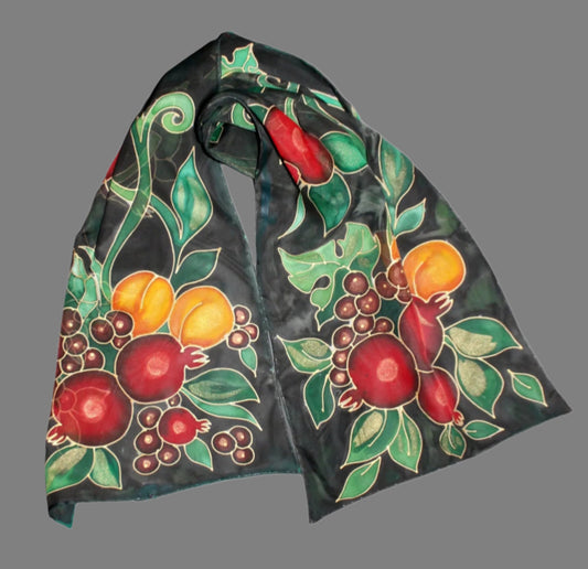 Hand painted fruits scarf,Pomegranate apricot grape,Fall Thanksgiving Autumn gift,Armenian gift,Black long chiffon scarf,Jewish giftHanukkah
