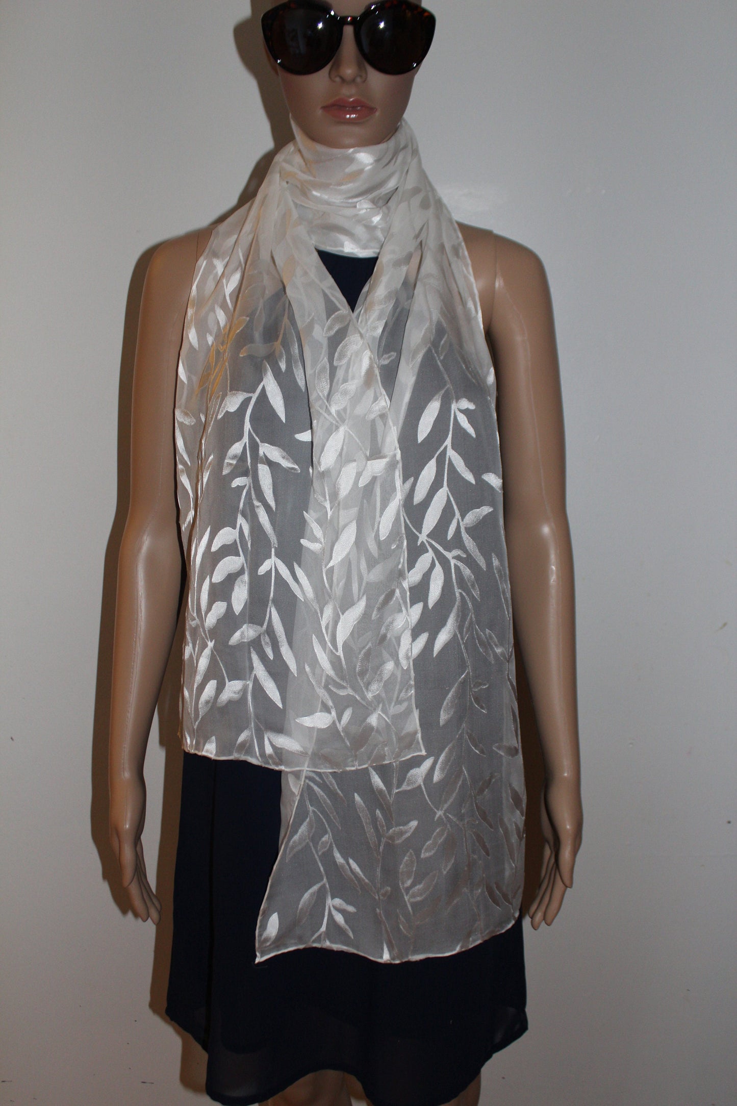 80-13 in Silk scarf, Leaves pattern,Extra long scarf,Summer gift,White long scarf, Bridal gift, Bridesmaid gift,Hand hemmed Luxury scarf