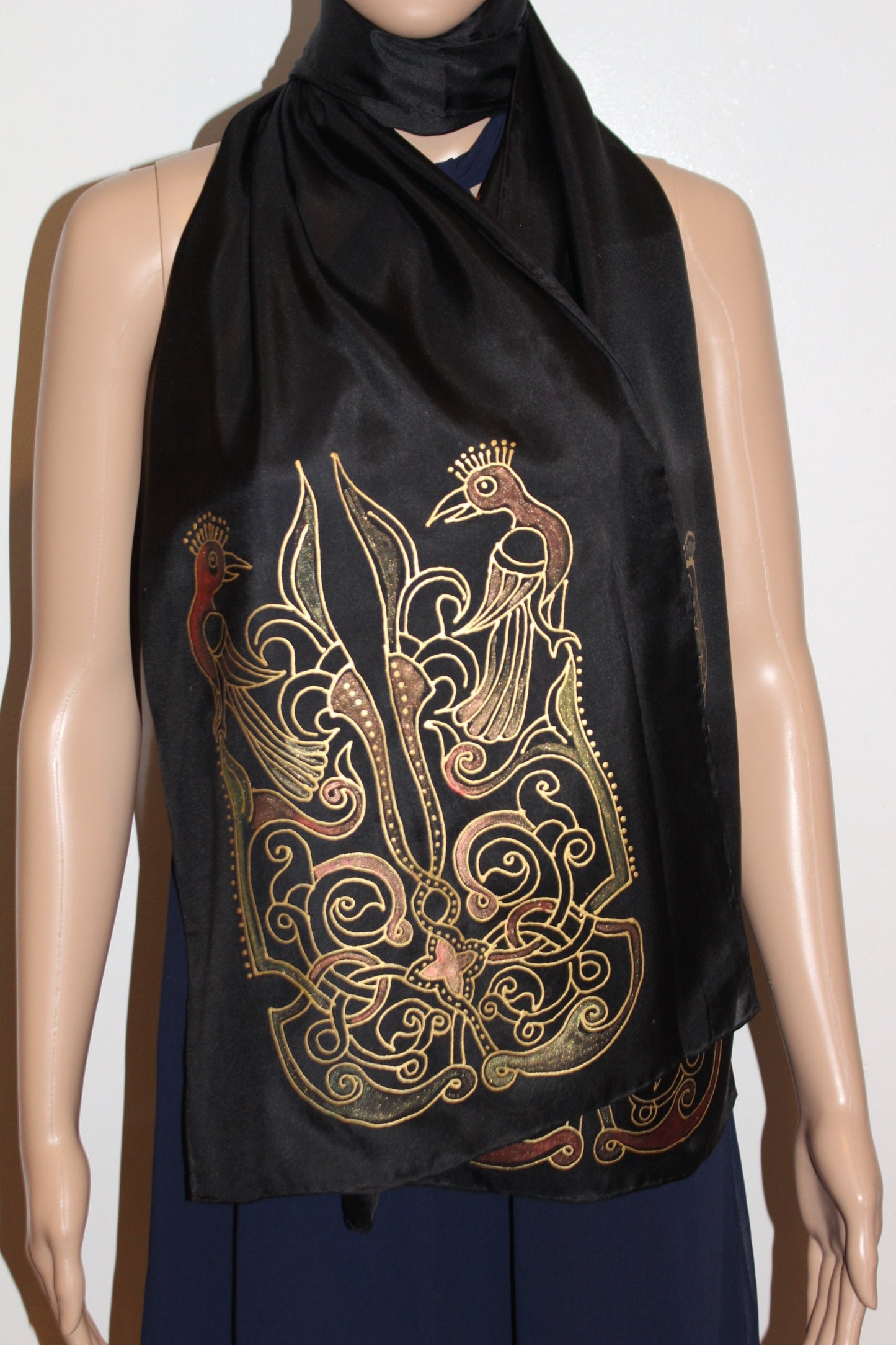 74-14 in Hand painted Armenian silk scarf, Long black gold scarf,Evening dress scarf, Armenian bird ornament