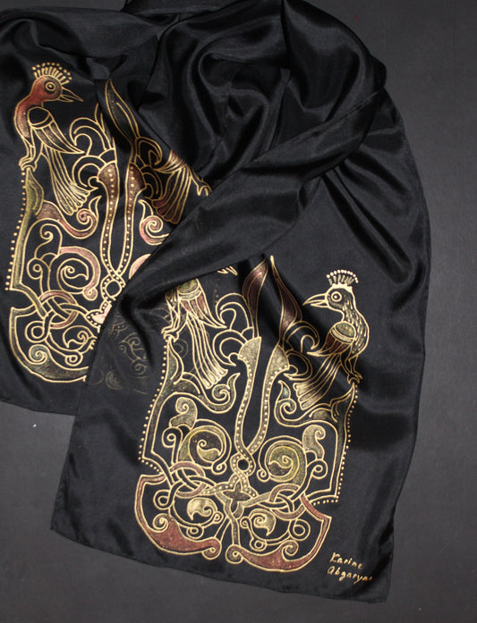 74-14 in Hand painted Armenian silk scarf, Long black gold scarf,Evening dress scarf, Armenian bird ornament