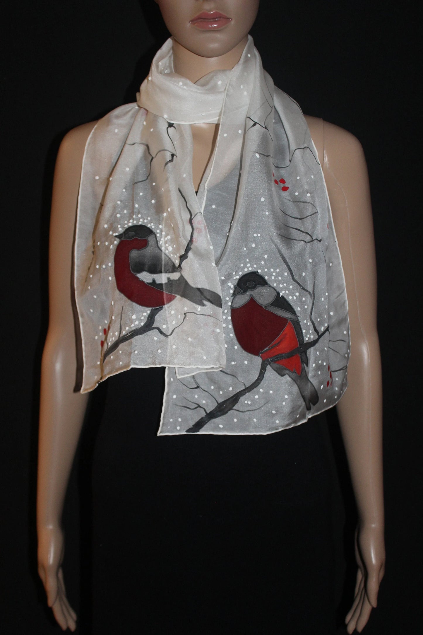 Hand painted Winter scarf, Snowball Winter Bird scarf