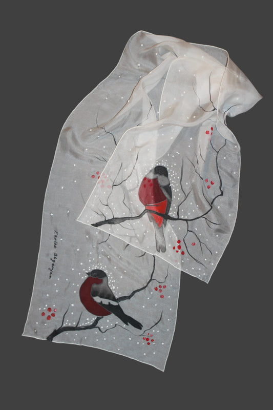 Hand painted Winter scarf, Snowball Winter Bird scarf