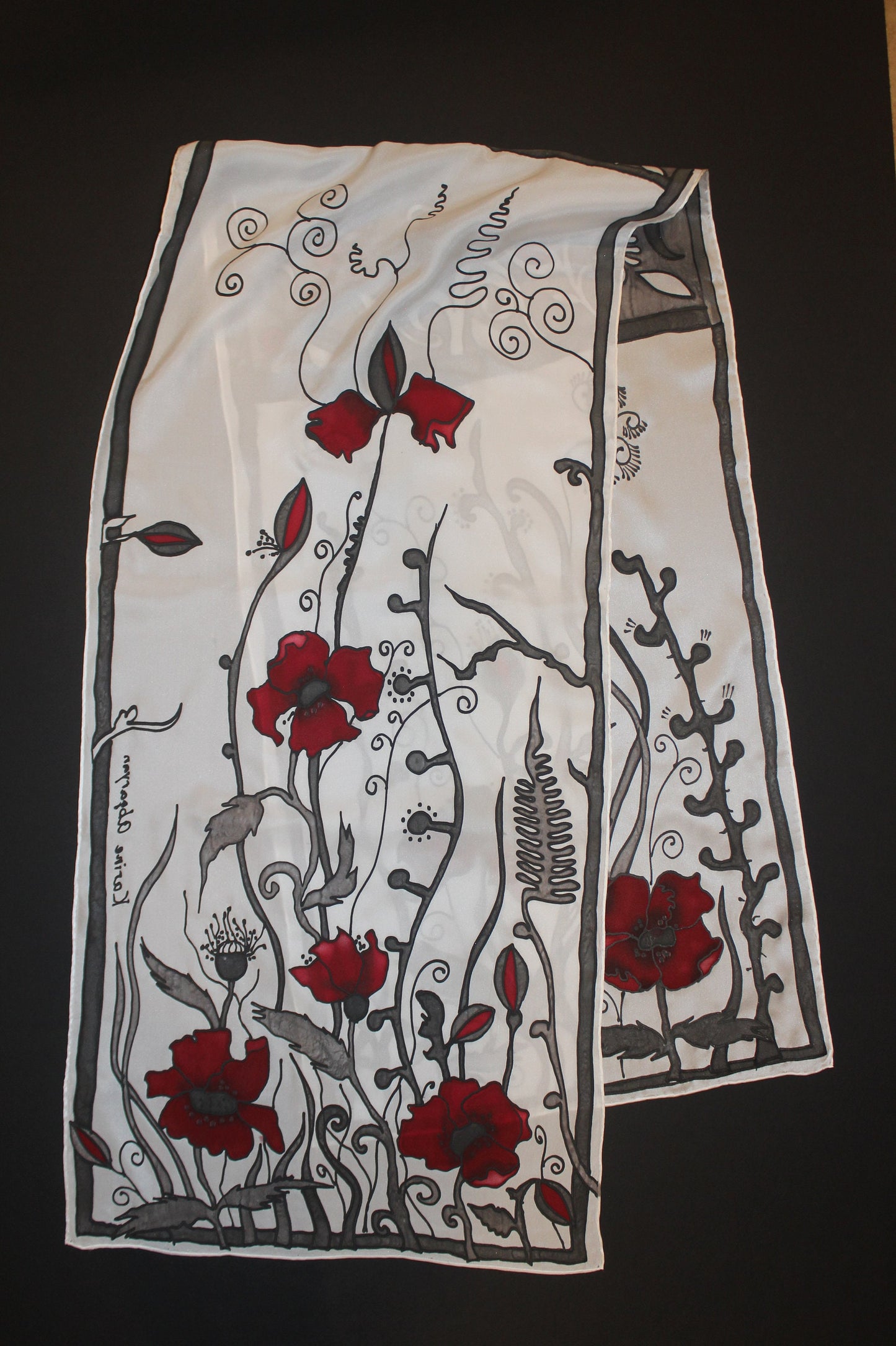 Hand painted poppy silk scarf