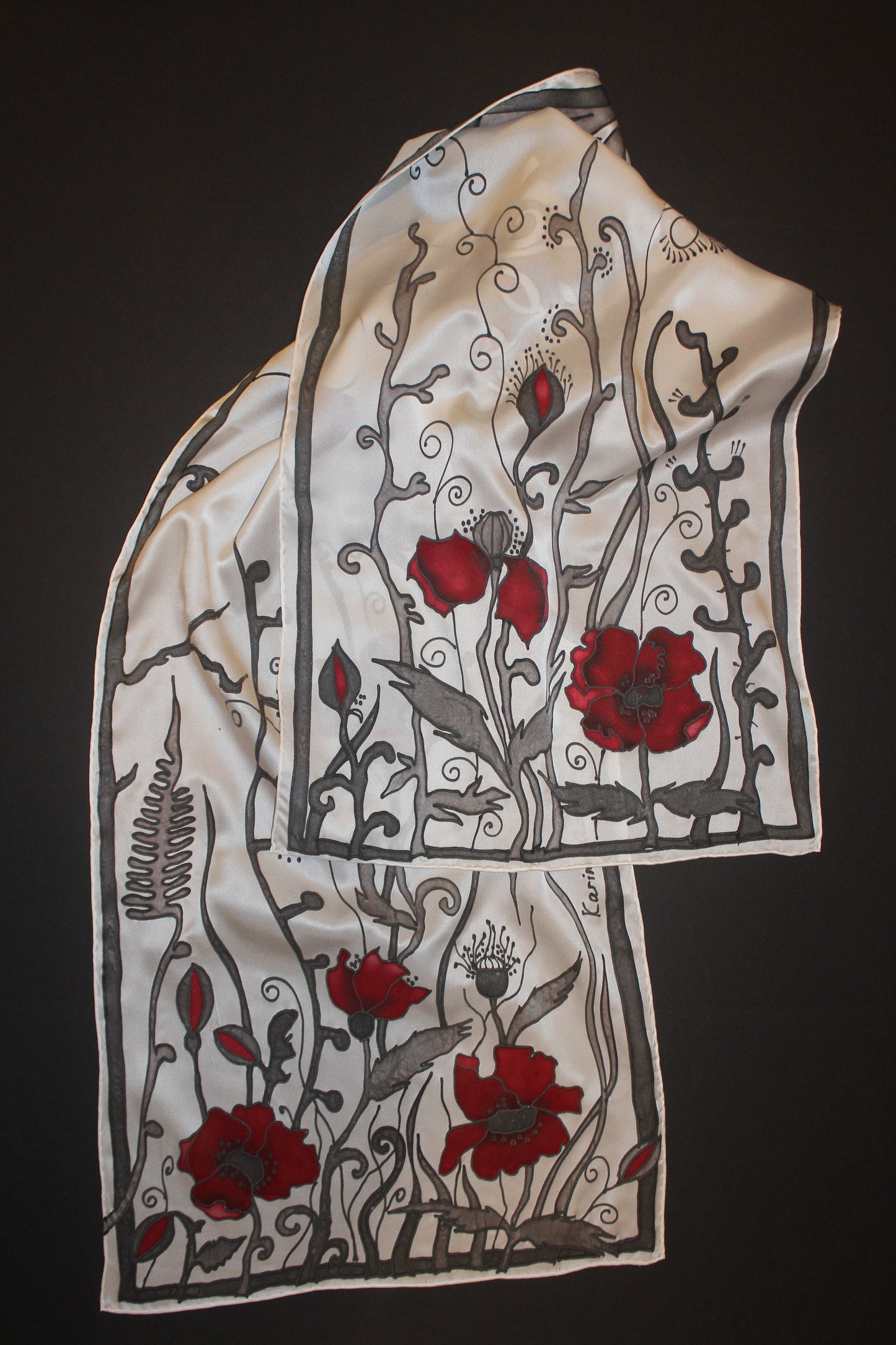 Hand painted poppy silk scarf