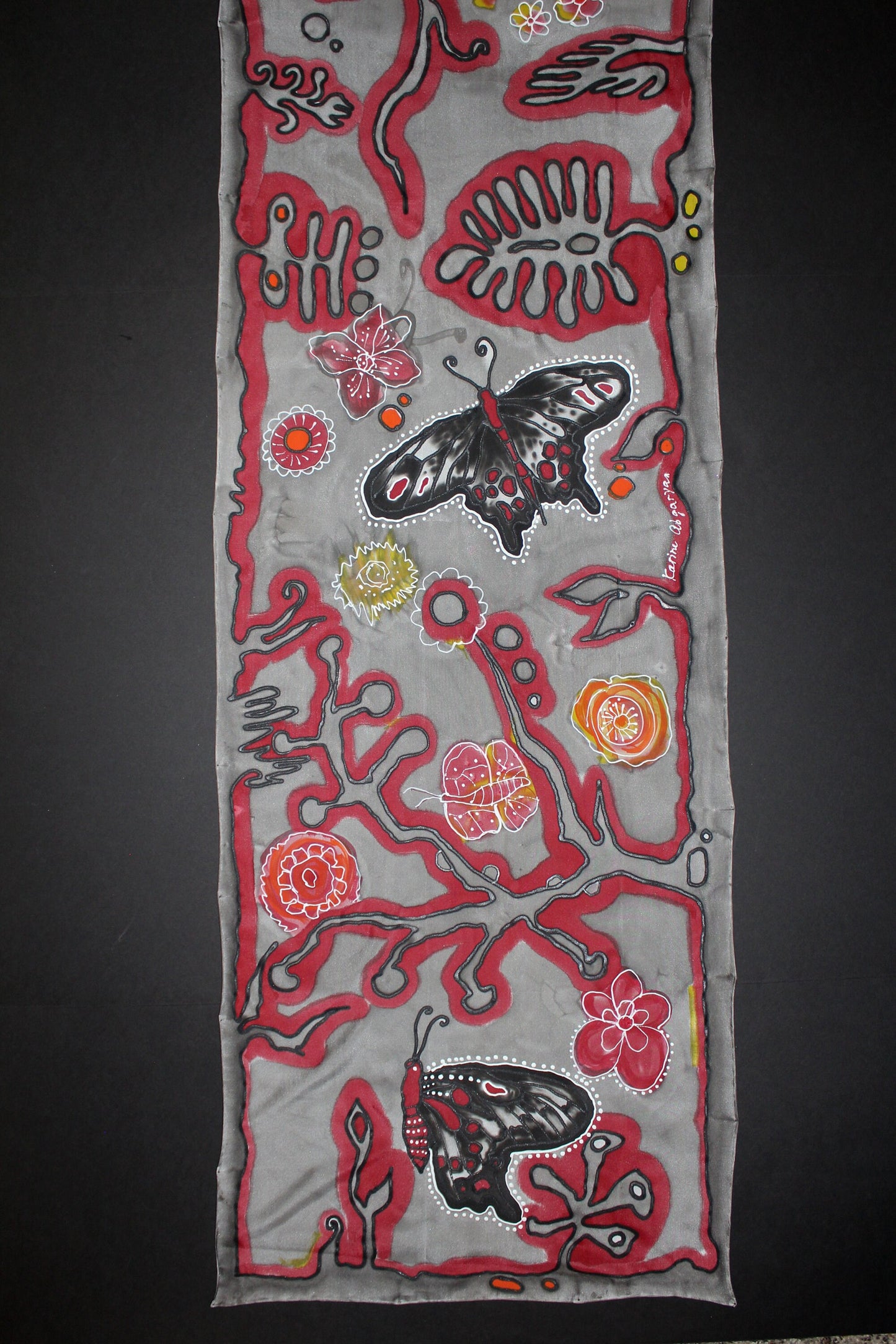 Hand painted butterfly scarf, Black and red silk scarf, Butterfly lover gift
