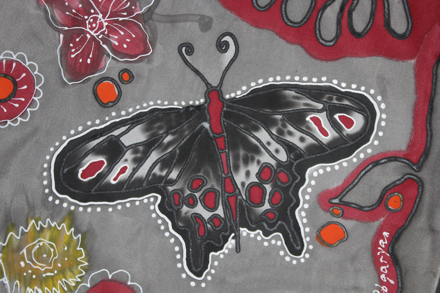 Hand painted butterfly scarf, Black and red silk scarf, Butterfly lover gift