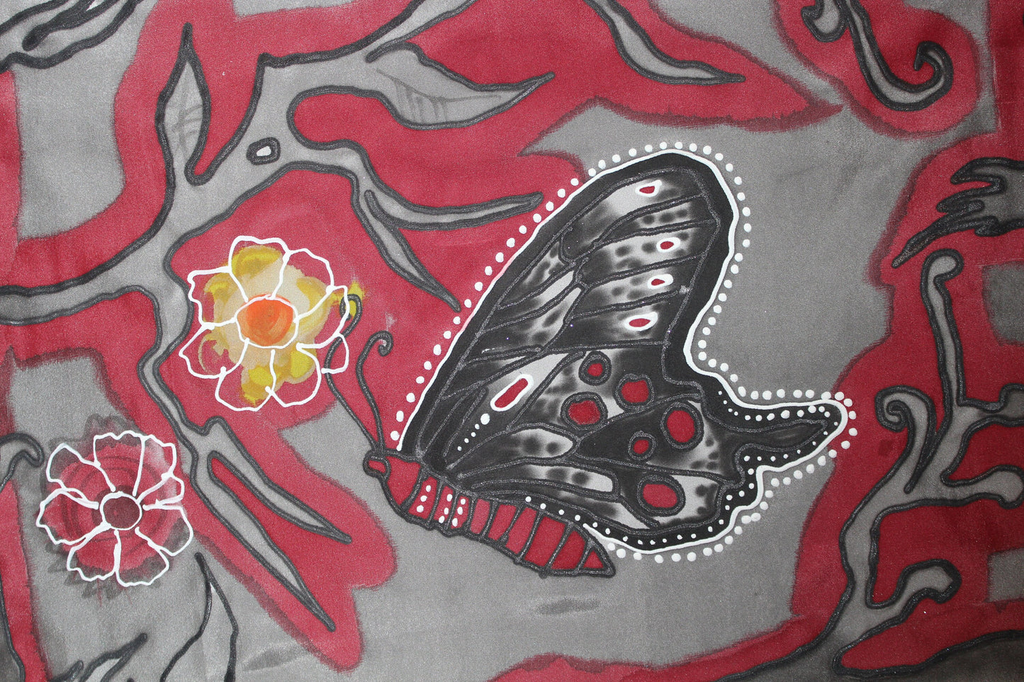 Hand painted butterfly scarf, Black and red silk scarf, Butterfly lover gift