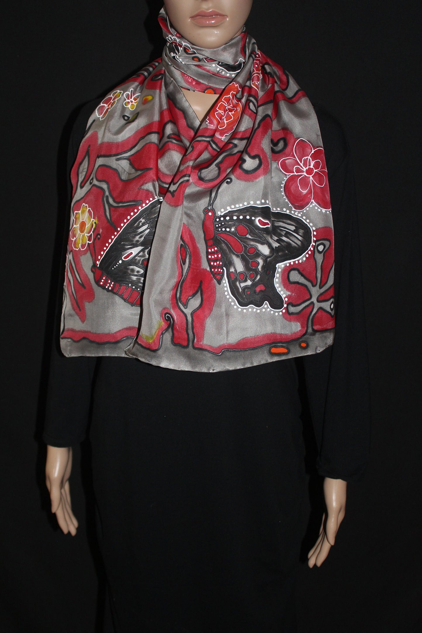 Hand painted butterfly scarf, Black and red silk scarf, Butterfly lover gift
