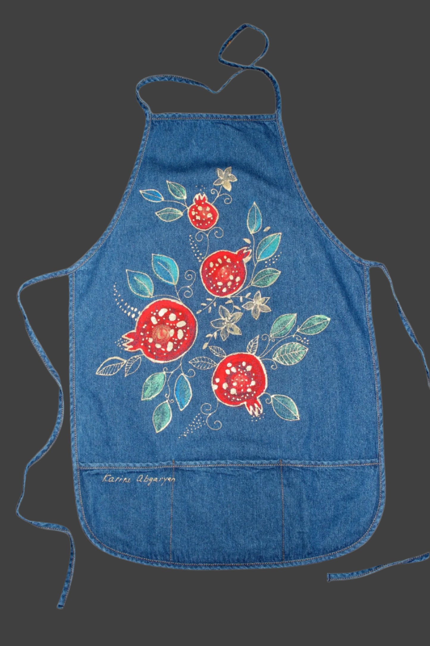 Hand painted Adult Lightweight Denim Apron with front 3 pockets 19-28 in,  Pomegranates Gardening Apron with Pockets - Women's Garden Apron