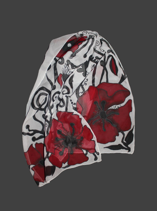 Hand painted poppy silk scarf