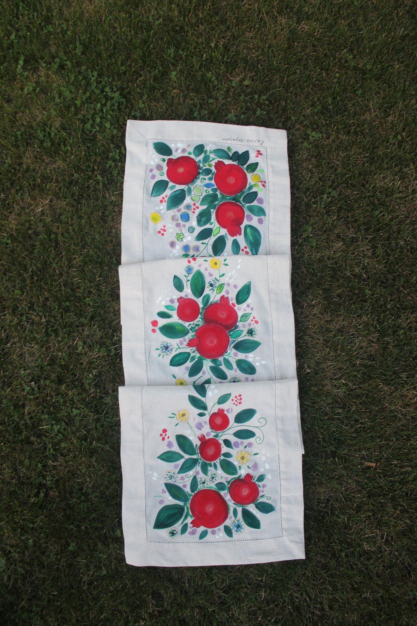 Hand painted pomegranate table runner  16 x 72 inch