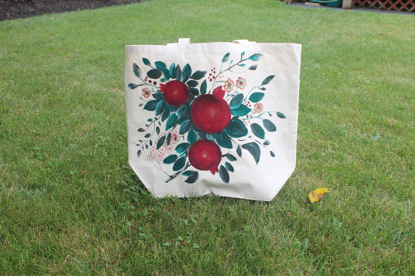 Hand painted heavy duty extra large pomegranate tote bag, grocery bag