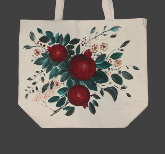 Hand painted heavy duty extra large pomegranate tote bag, grocery bag