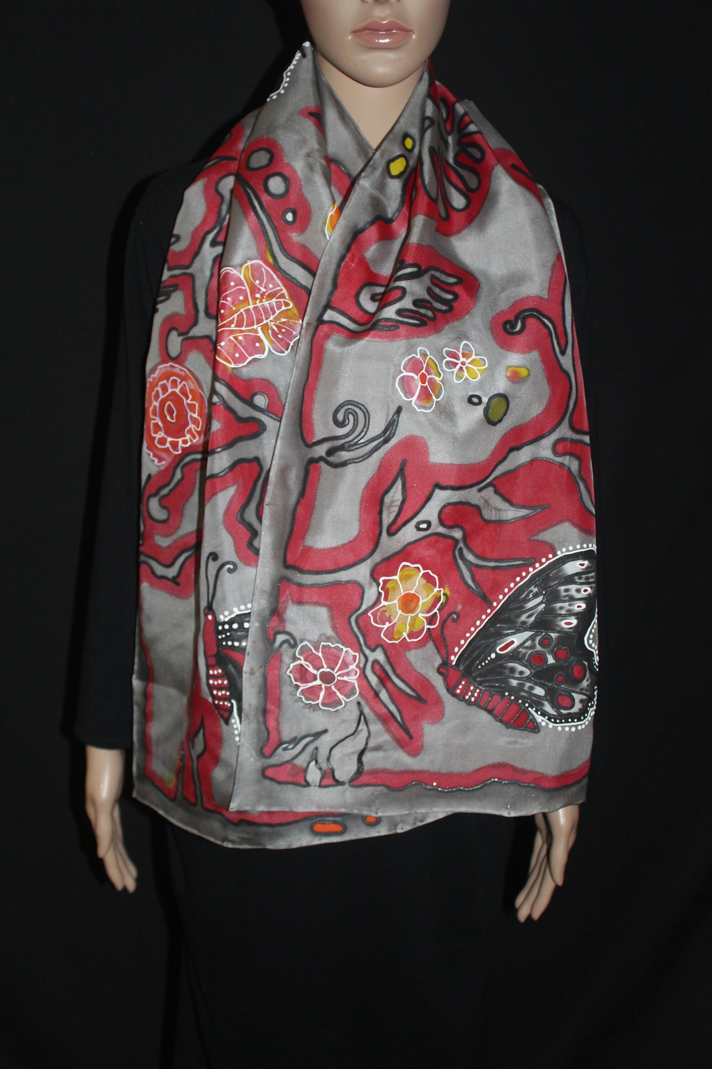 Hand painted butterfly scarf, Black and red silk scarf, Butterfly lover gift