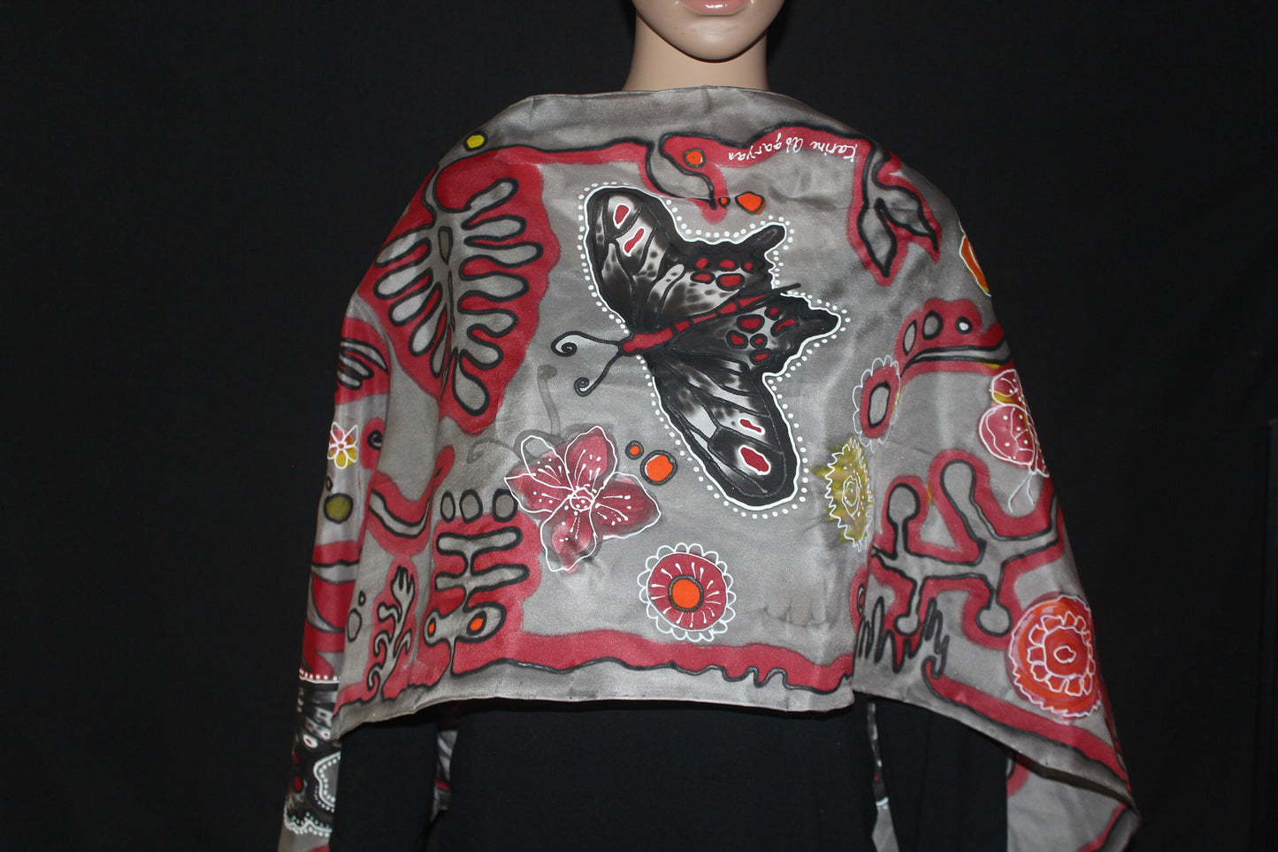 Hand painted butterfly scarf, Black and red silk scarf, Butterfly lover gift