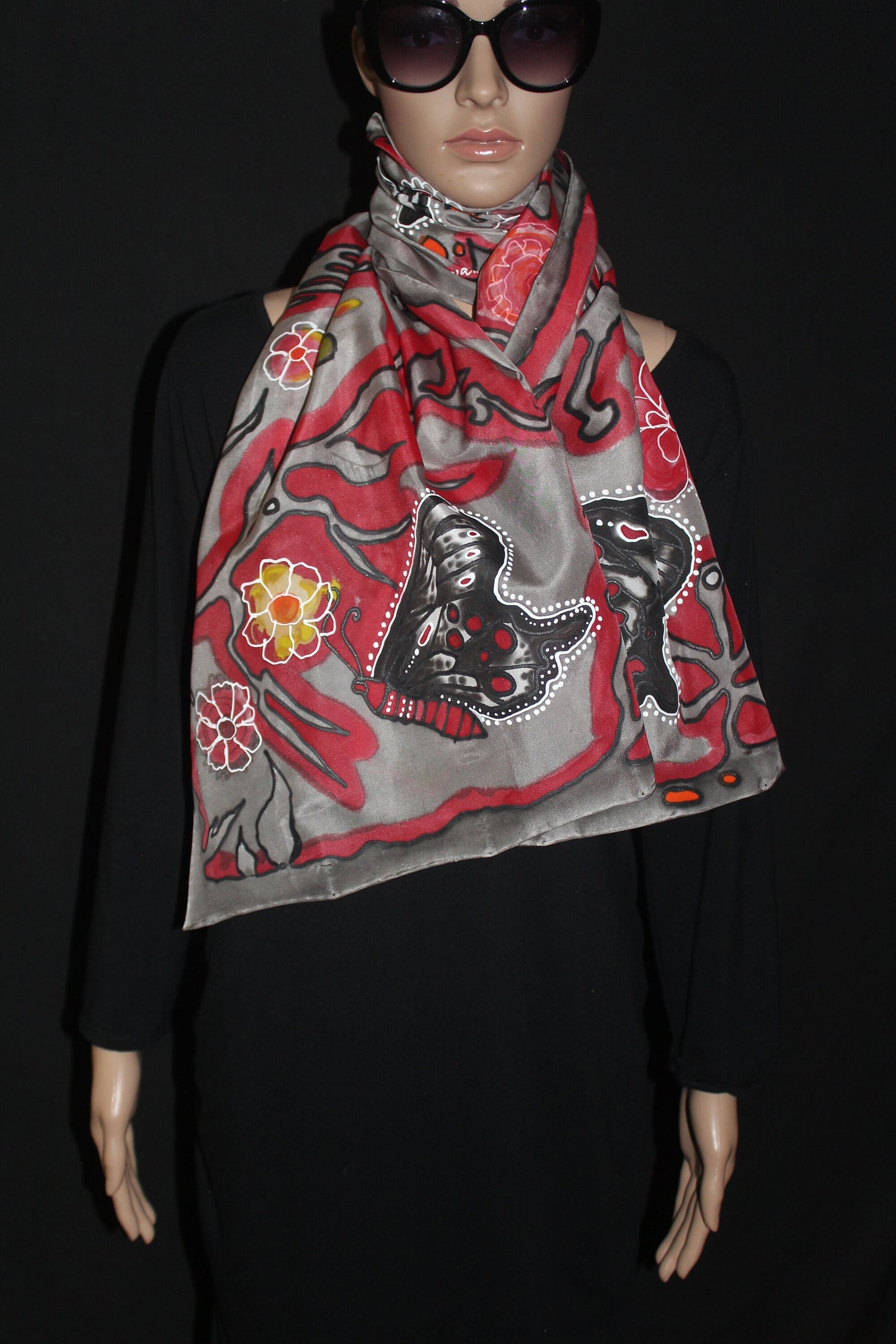 Hand painted butterfly scarf, Black and red silk scarf, Butterfly lover gift