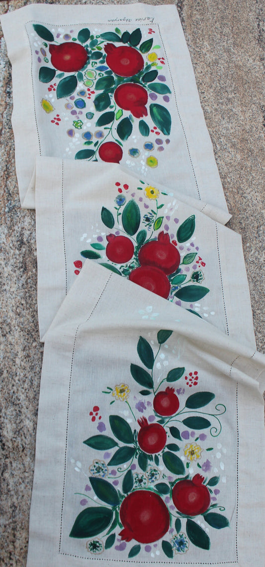Hand painted pomegranate table runner  16 x 72 inch