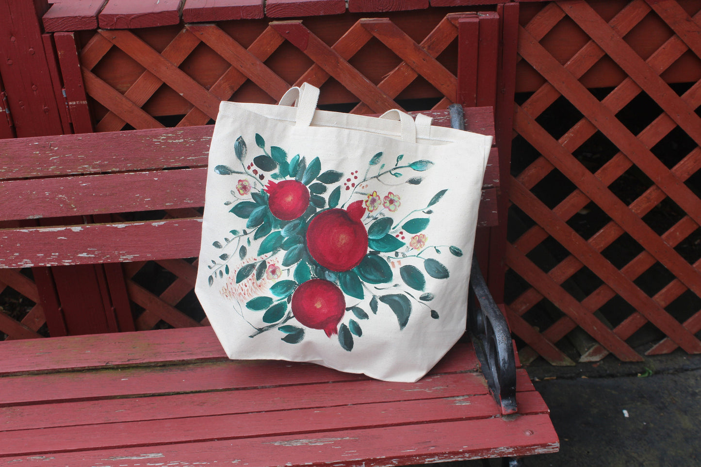 Hand painted heavy duty extra large pomegranate tote bag, grocery bag