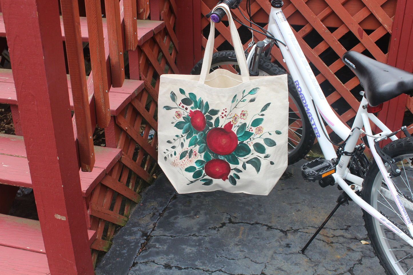 Hand painted heavy duty extra large pomegranate tote bag, grocery bag