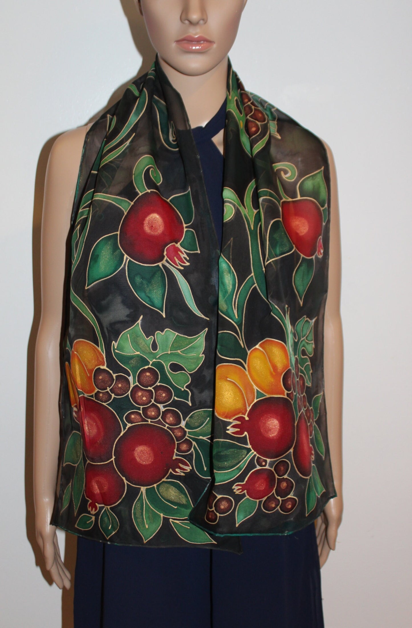 Hand painted fruits scarf,Pomegranate apricot grape,Fall Thanksgiving Autumn gift,Armenian gift,Black long chiffon scarf,Jewish giftHanukkah