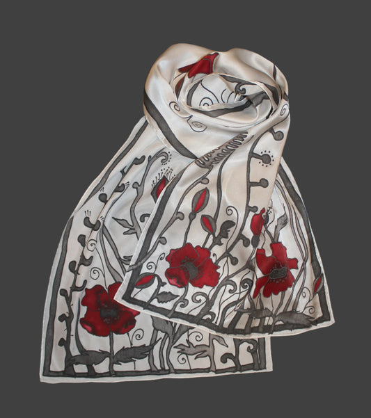 Hand painted poppy silk scarf