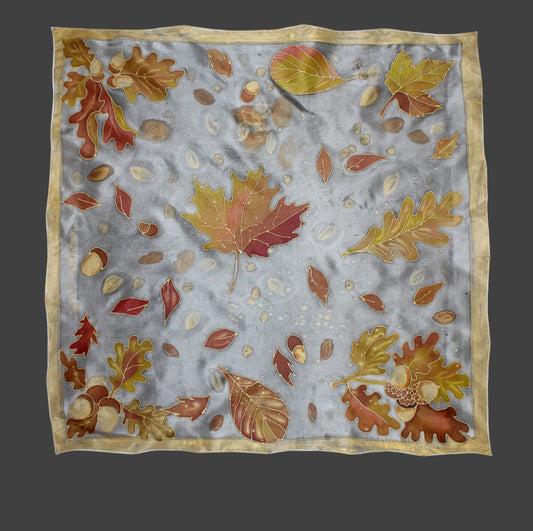 Hand painted fall silk scarf, Gold acorns and leaves
