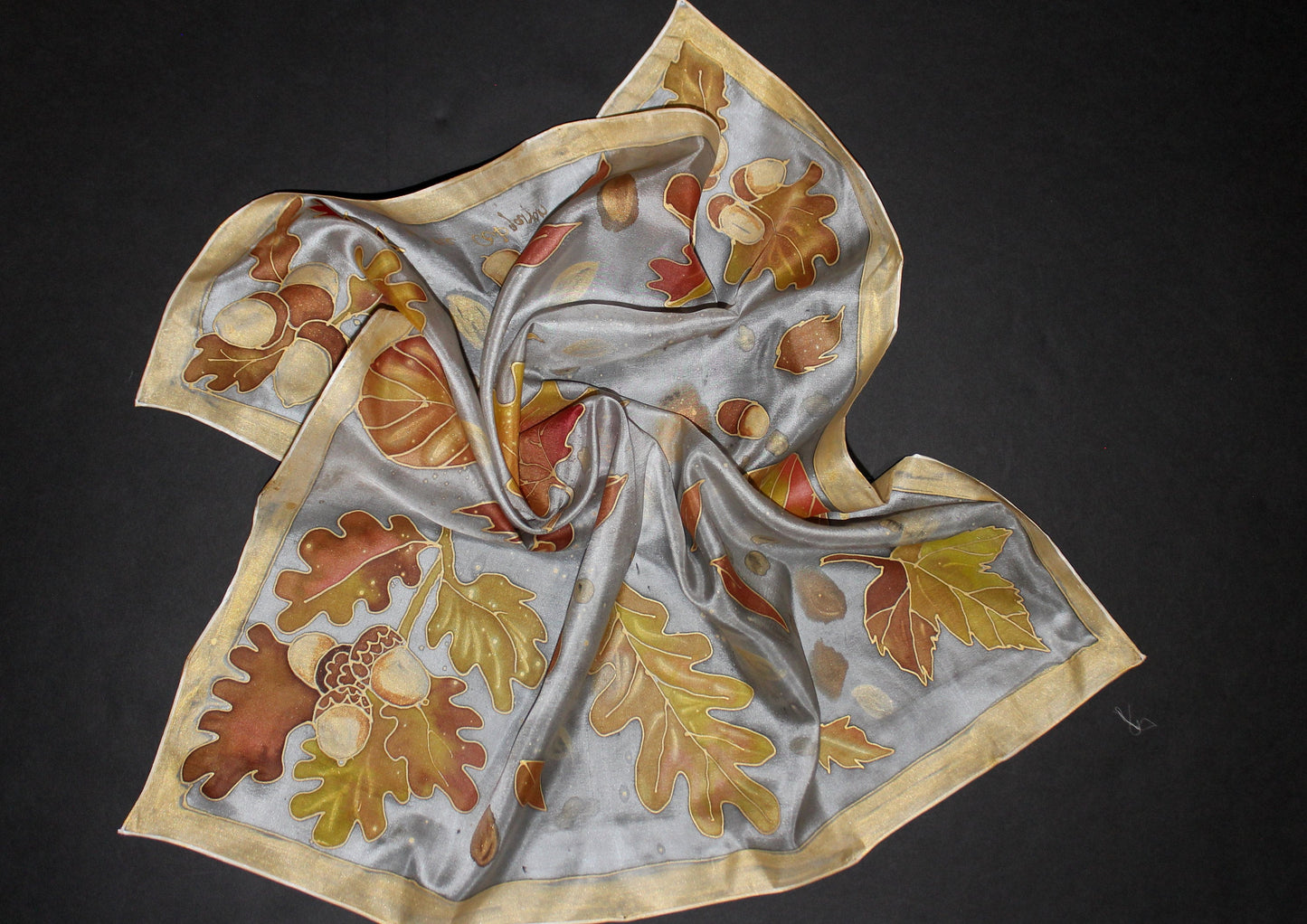 Hand painted fall silk scarf, Gold acorns and leaves