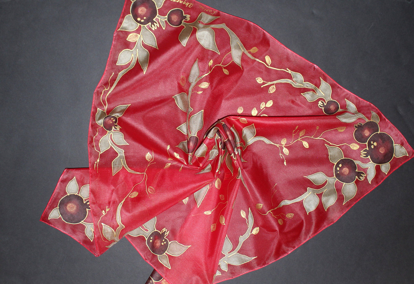 Hand painted silk scarf,Pomegranates red silk scarf,Red green silk chiffon scarf,Armenian scarf,Armenian gift,Jewish gift for mother