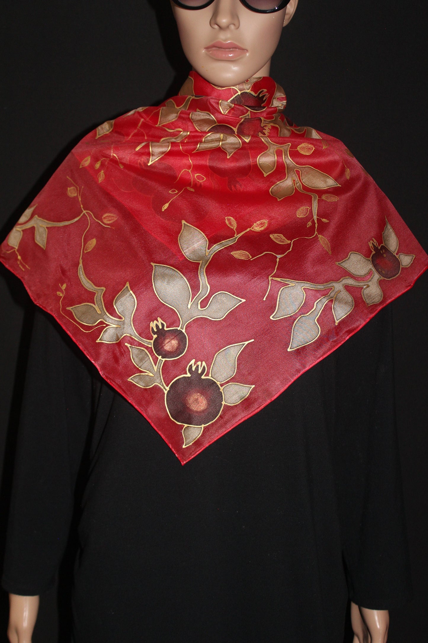 Hand painted silk scarf,Pomegranates red silk scarf,Red green silk chiffon scarf,Armenian scarf,Armenian gift,Jewish gift for mother