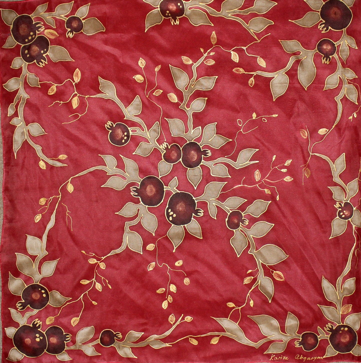Hand painted silk scarf,Pomegranates red silk scarf,Red green silk chiffon scarf,Armenian scarf,Armenian gift,Jewish gift for mother