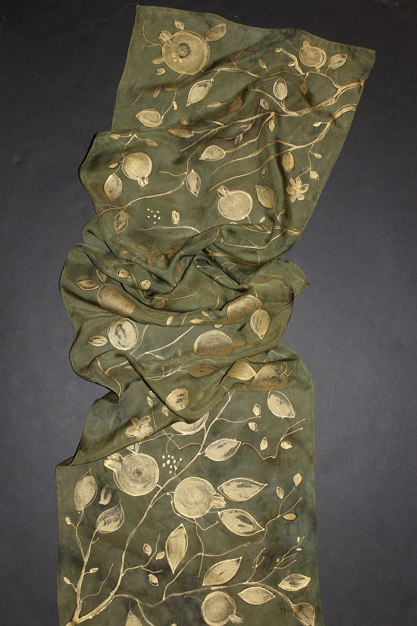 Hand painted hand dyed scarf,Long pure silk scarf,Brilliant shining gold leaves and pomegranate on sage green, Gift for mother, for her