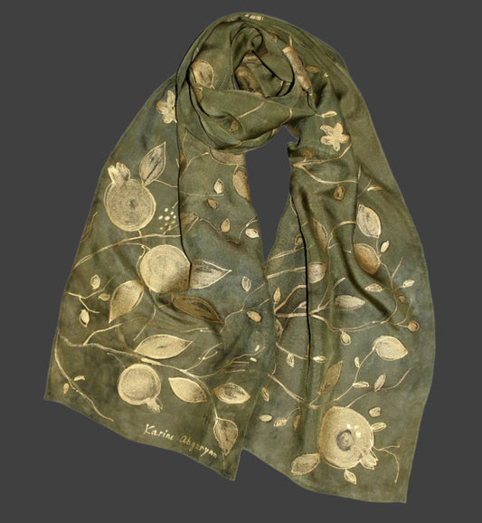 Hand painted  hand dyed scarf,Long pure silk scarf,Brilliant shining gold  leaves and pomegranate on sage green, Gift for mother, for her