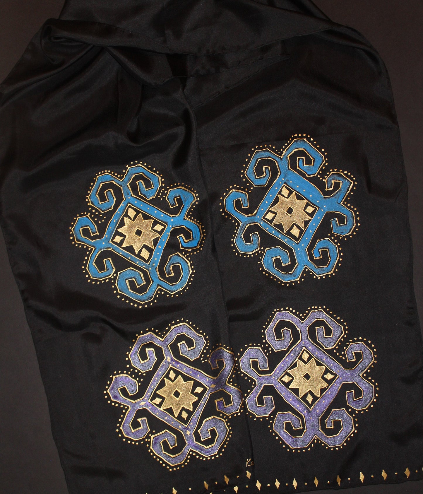 74-14 in Hand painted Armenian silk scarf, Long black gold scarf, Evening dress scarf, Armenian bird ornament