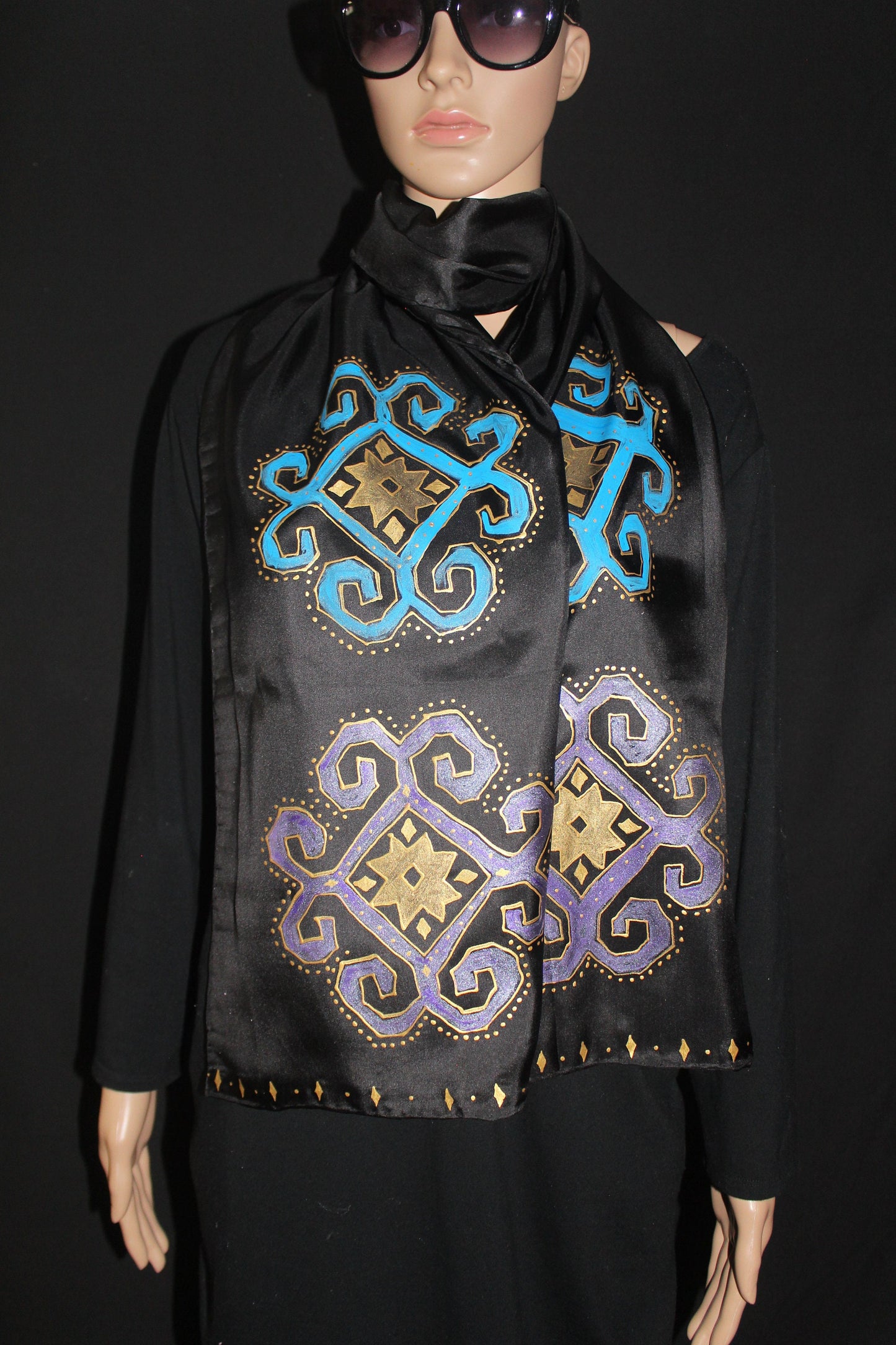 74-14 in Hand painted Armenian silk scarf, Long black gold scarf, Evening dress scarf, Armenian bird ornament
