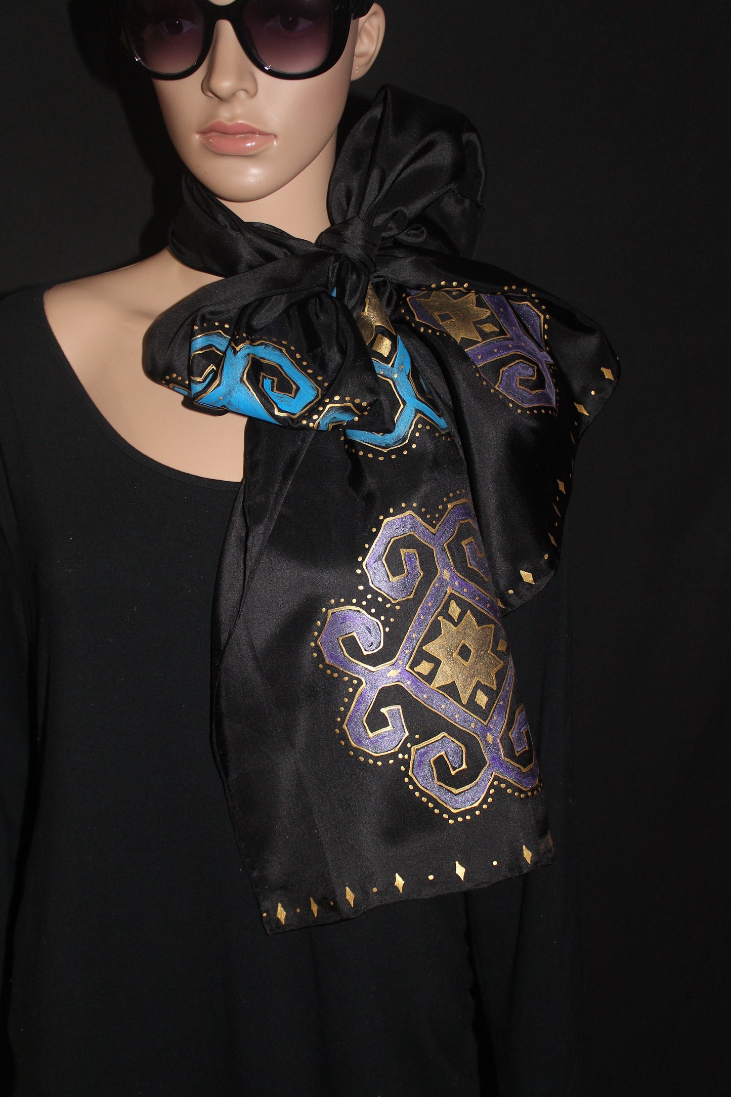 74-14 in Hand painted Armenian silk scarf, Long black gold scarf, Evening dress scarf, Armenian bird ornament