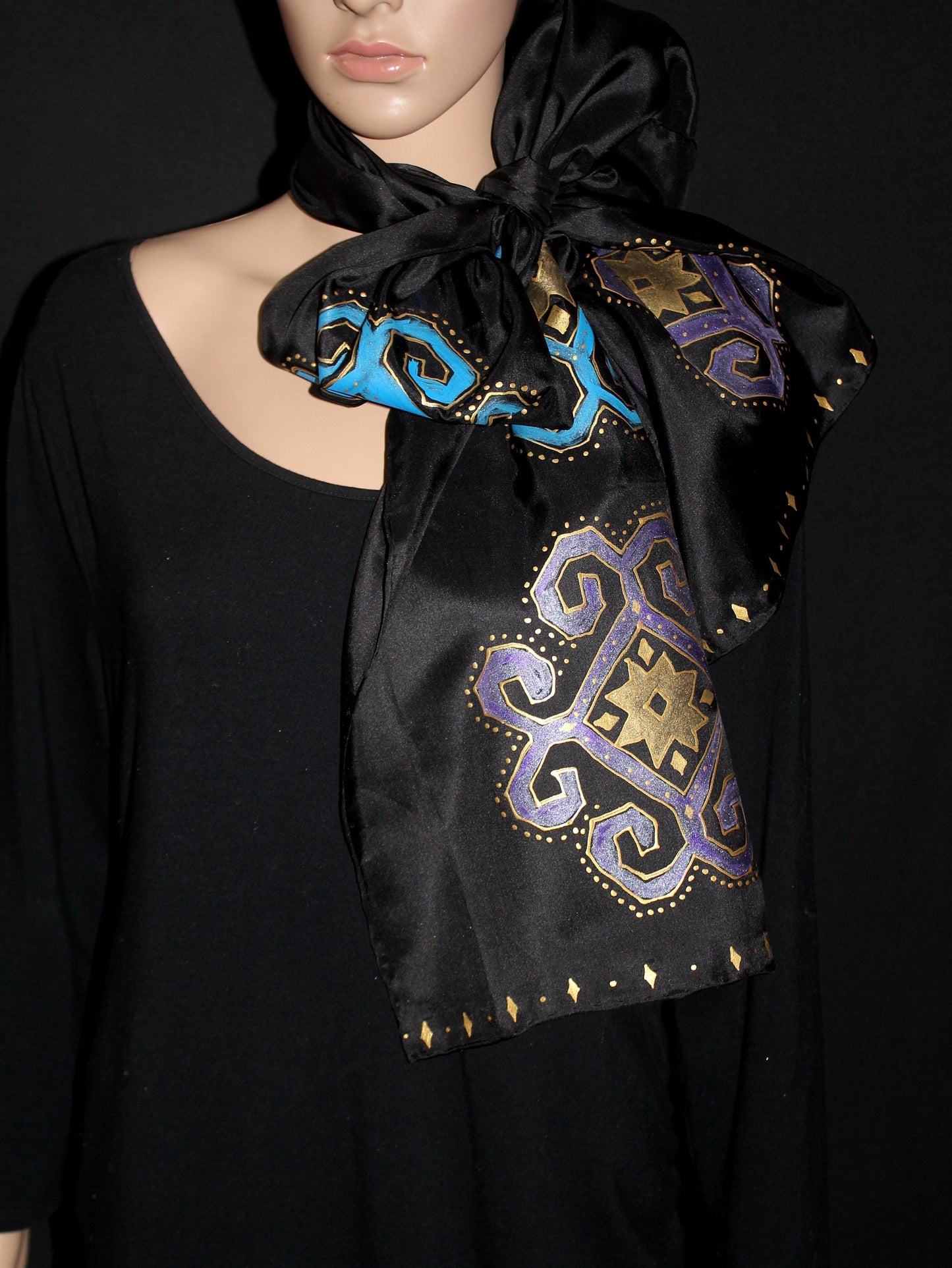 74-14 in Hand painted Armenian silk scarf, Long black gold scarf, Evening dress scarf, Armenian bird ornament