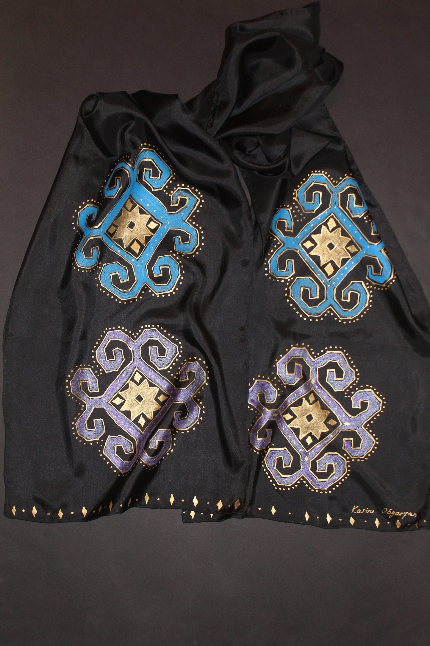 74-14 in Hand painted Armenian silk scarf, Long black gold scarf, Evening dress scarf, Armenian bird ornament