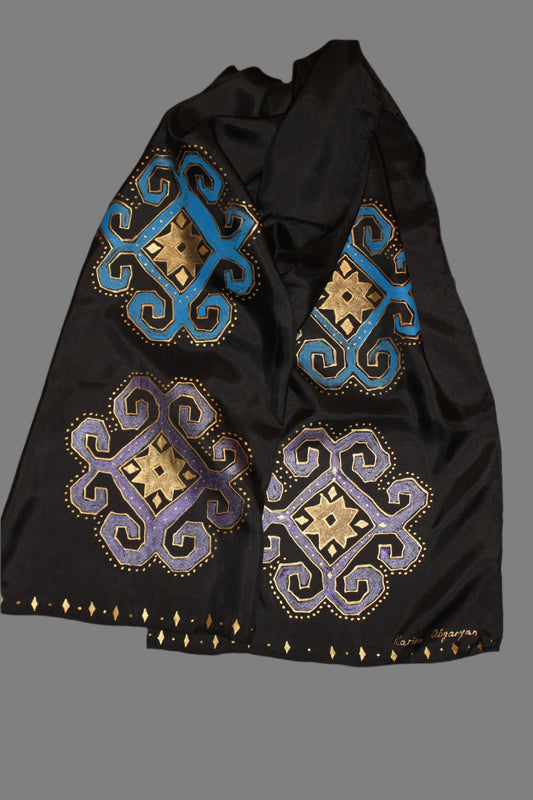 74-14 in Hand painted Armenian silk scarf, Long black gold scarf, Evening dress scarf, Armenian bird ornament