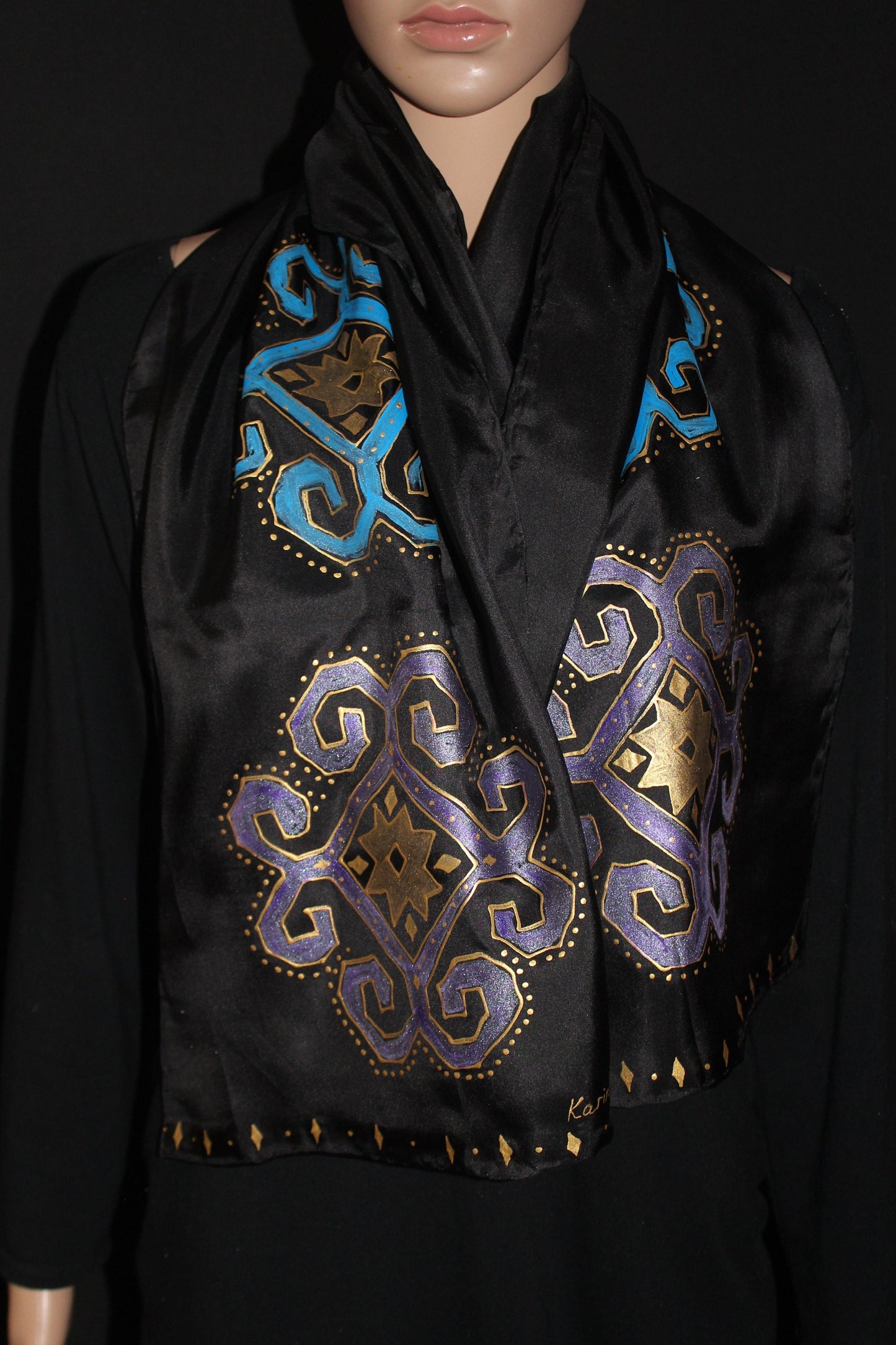 74-14 in Hand painted Armenian silk scarf, Long black gold scarf, Evening dress scarf, Armenian bird ornament