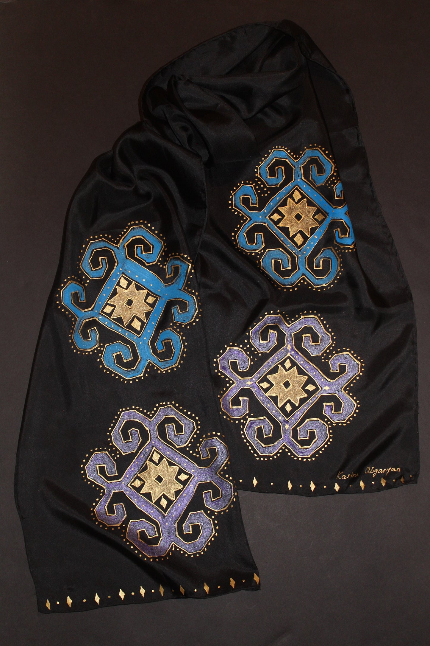 74-14 in Hand painted Armenian silk scarf, Long black gold scarf, Evening dress scarf, Armenian bird ornament