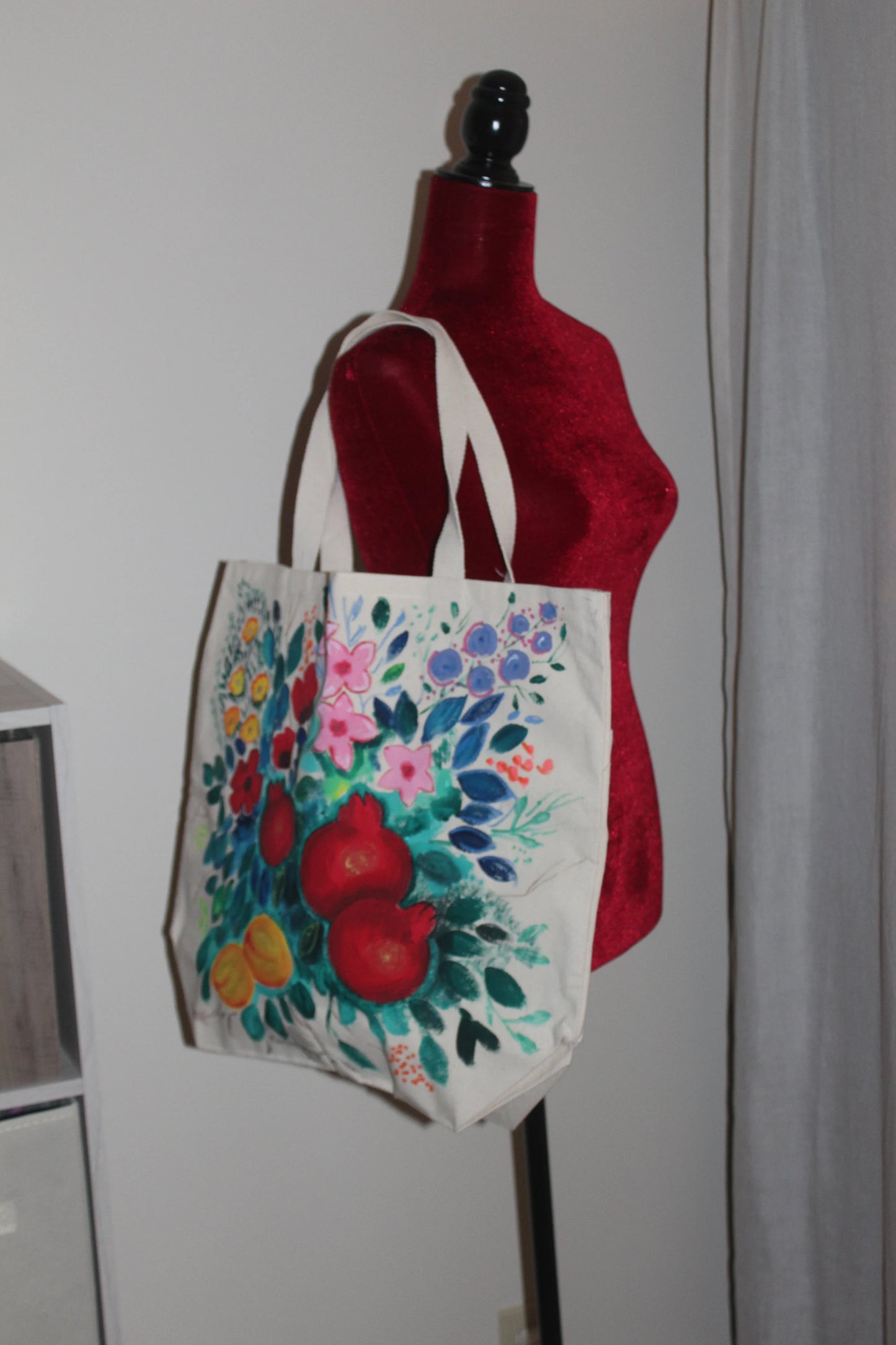 Hand painted heavy duty extra large pomegranate tote bag, grocery bag